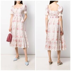 LoveShackFancy Terrence Women's Floral-Print Ruffled Silk Dress size XS